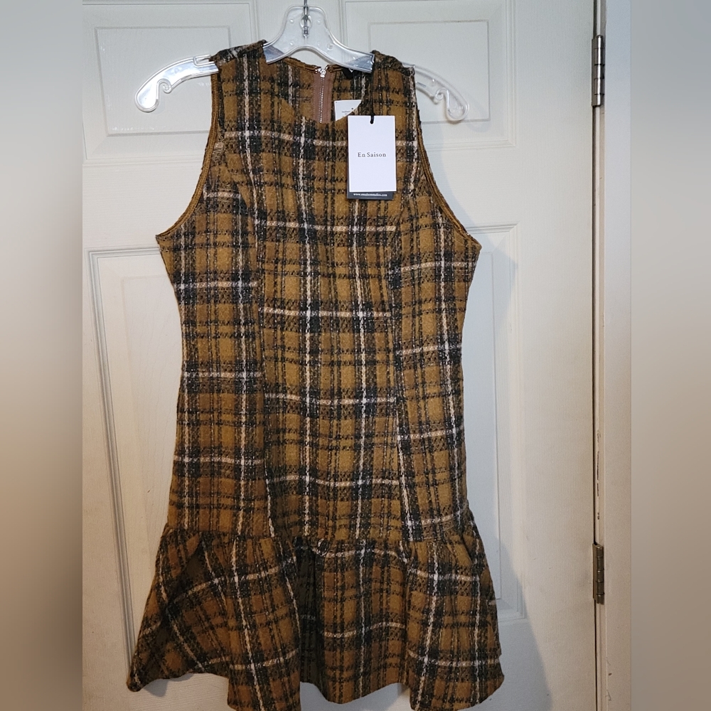 En Saison Mustard Plaid Sleeveless Ruffle-Hem Dress